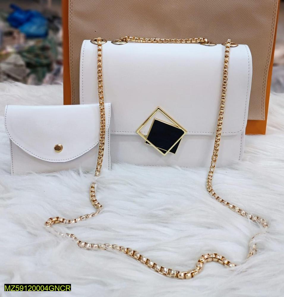 2 Pcs PU Leather Hand Bag with Long Golden chain ( Cream )